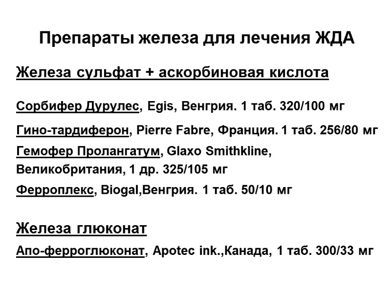 Препараты железа для лечения ЖДА Железа сульфат + аскорбиновая кислота Сорбифер Дурулес, Egis, Венгрия.